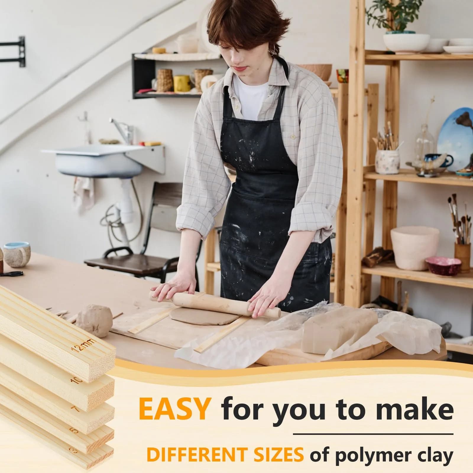 Sasylvia 10 Pcs Wood Clay Pottery Rolling Pin Guides Set, 5 Sizes (42.5mm Total Length) | For Even Clay Thickness - view 7