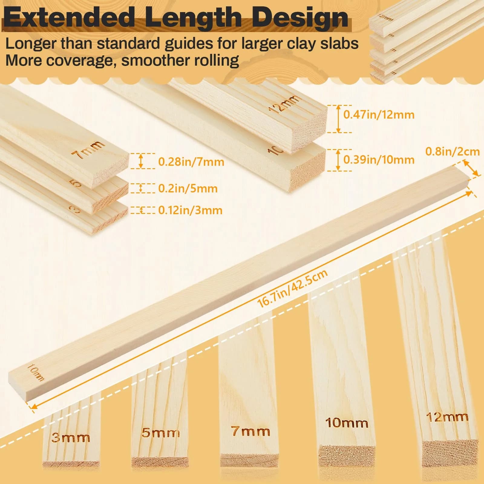 Sasylvia Wood Color 5 Size Lengthen Wood Clay Rolling Pin Guides for Sculpting - view 2