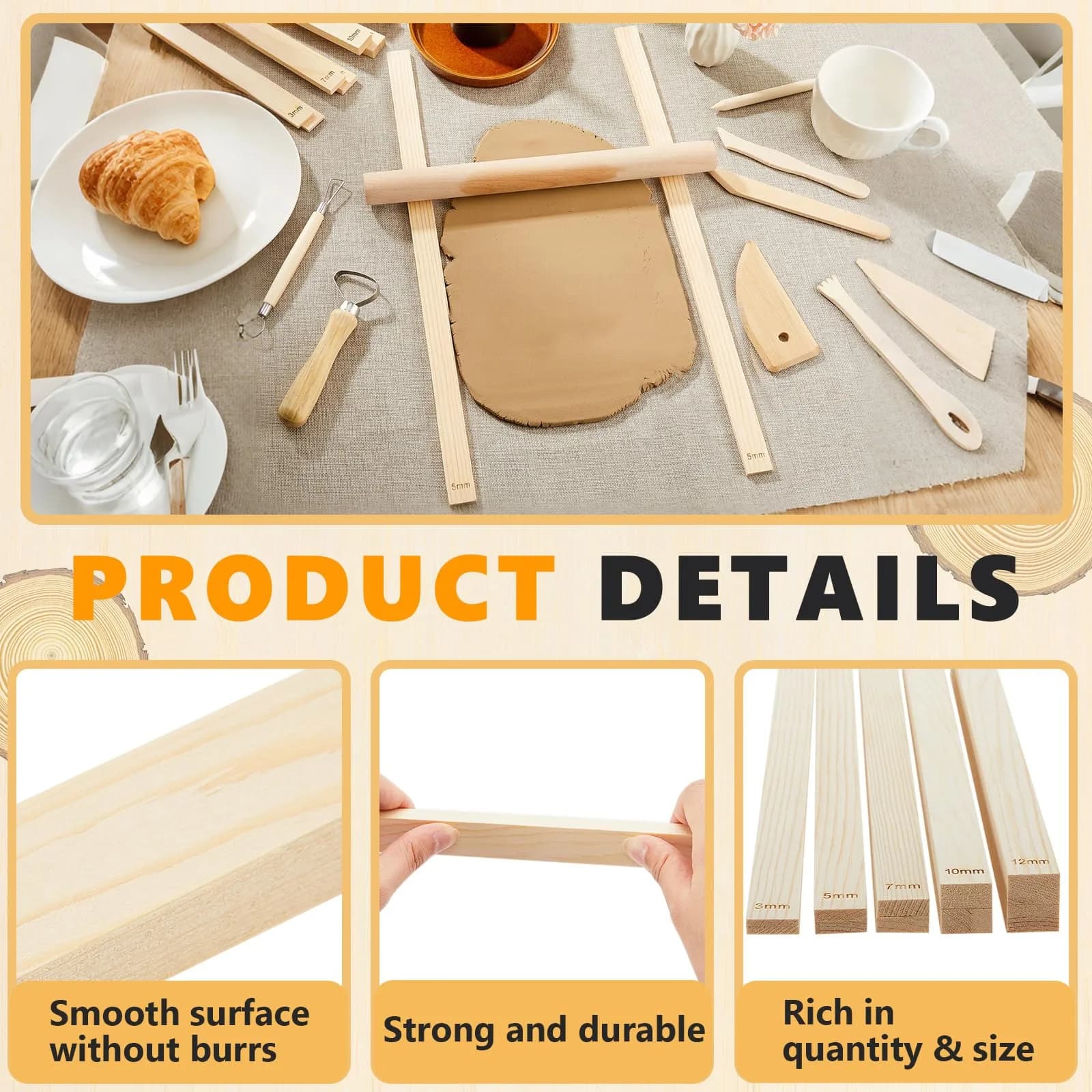 Sasylvia Wood Color 5 Size Lengthen Wood Clay Rolling Pin Guides for Sculpting - view 3