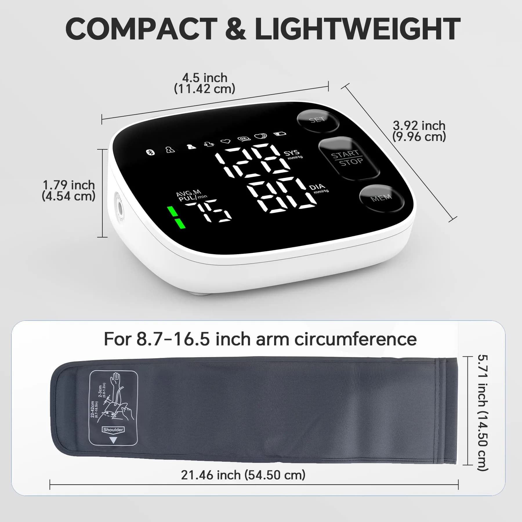 Oklar Bluetooth Blood Pressure Monitor 8.7"-16.5" | App Sync, Dual User, Large LED Display - view 8