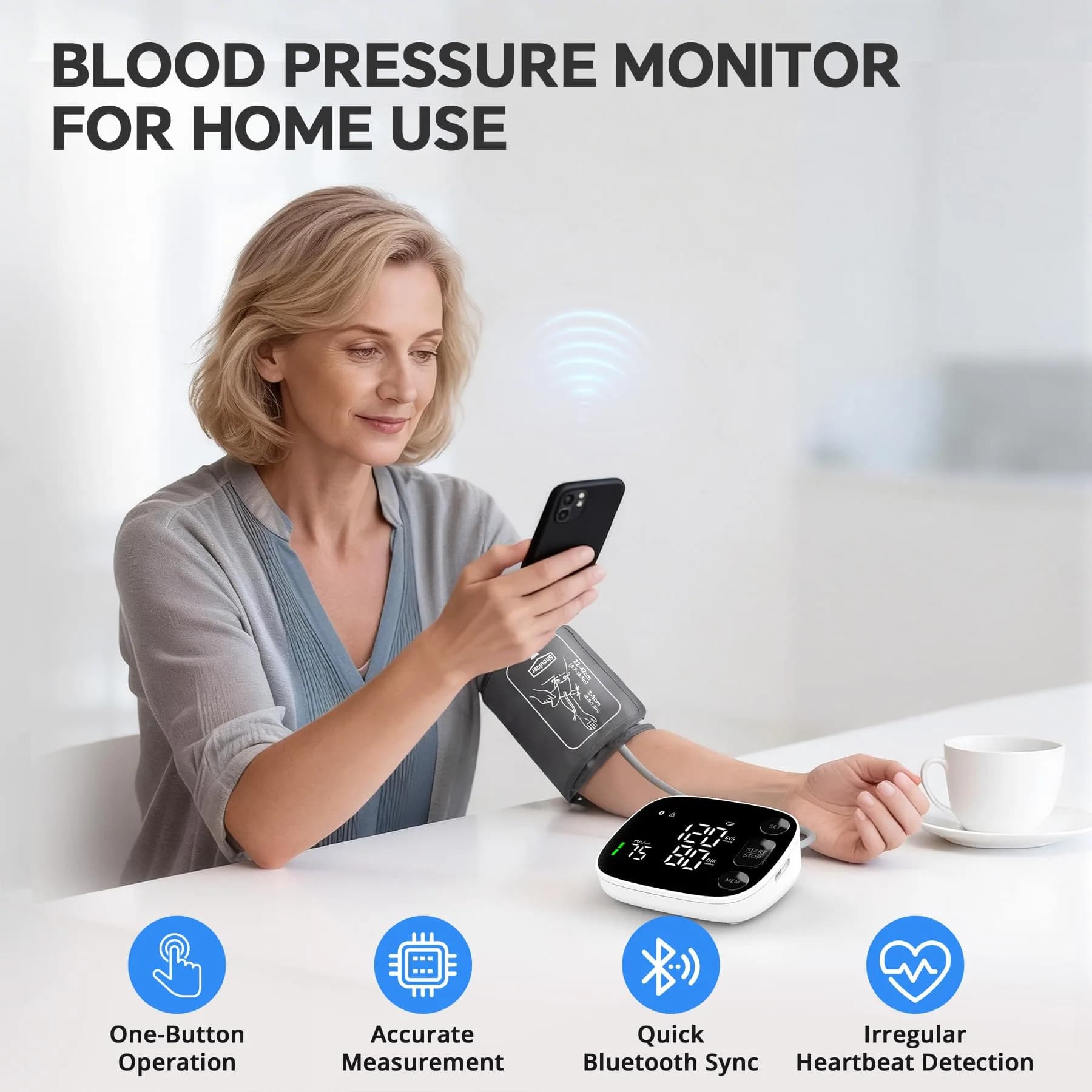 Oklar Bluetooth Blood Pressure Monitor 8.7"-16.5" | App Sync, Dual User, Large LED Display - view 2