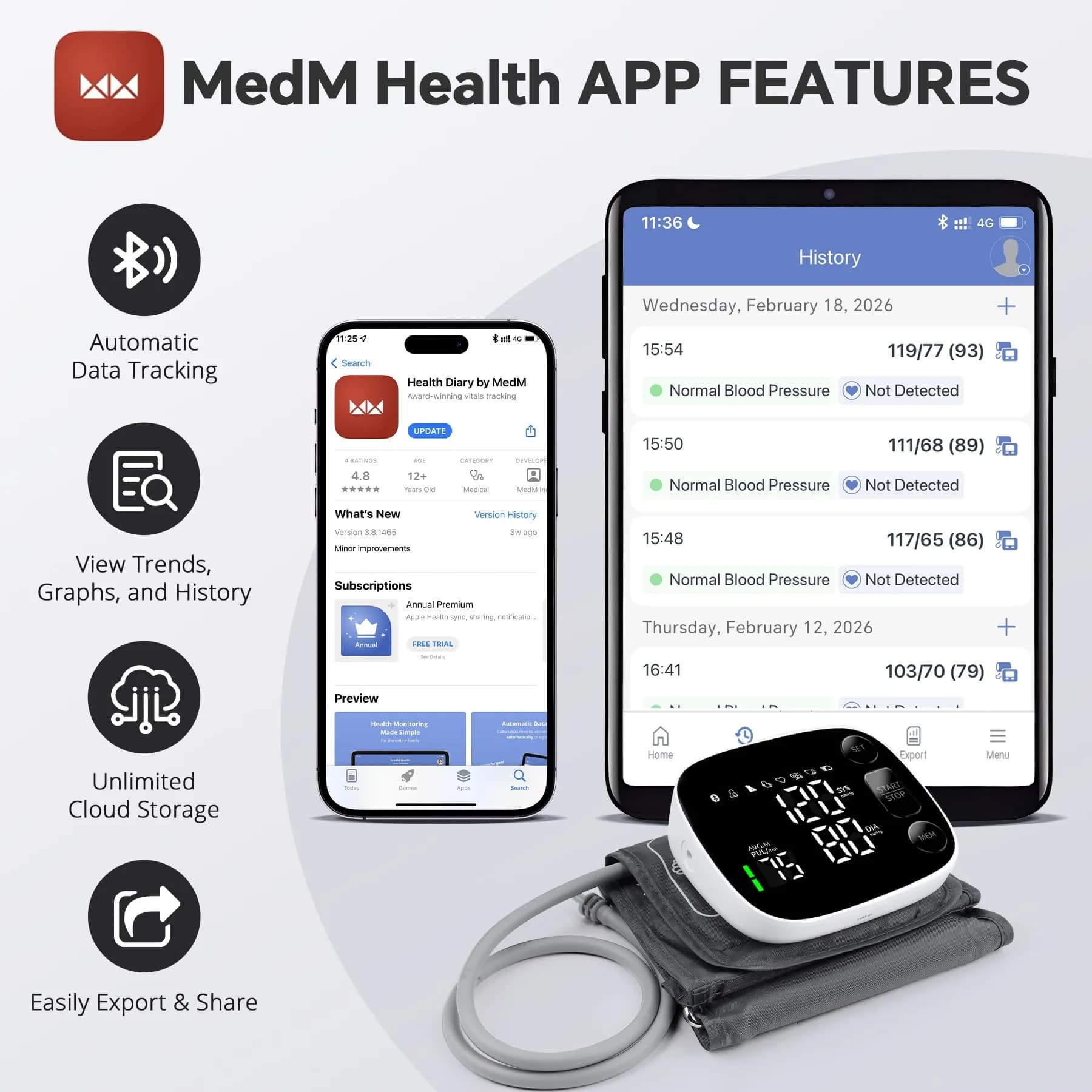 Oklar Bluetooth Blood Pressure Monitor 8.7"-16.5" | App Sync, Dual User, Large LED Display - view 4