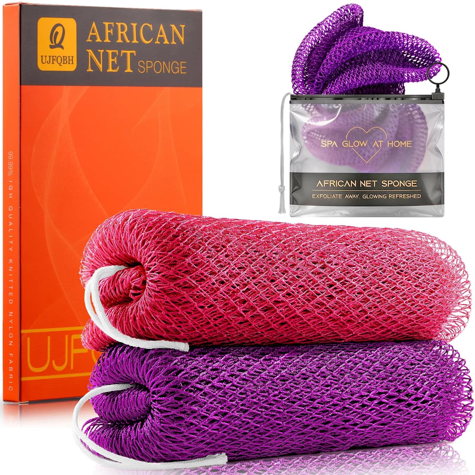 UJFQBH African Net Sponge 2 Pack - Pink & Purple | Deep Cleansing & Gentle Exfoliation - main product image