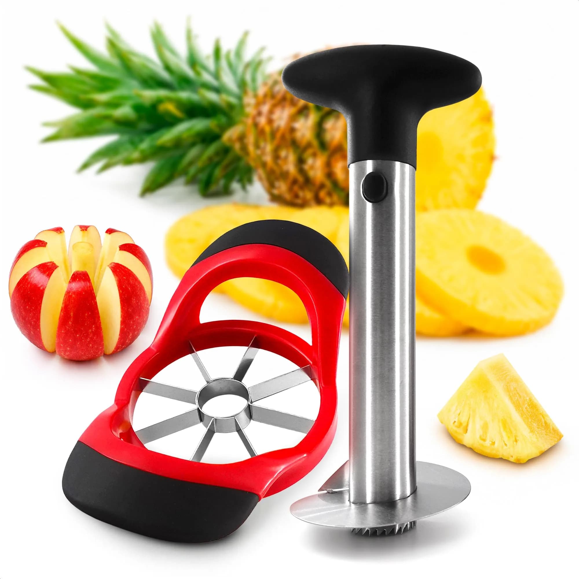 BURIUS Pineapple Corer and Slicer, Apple Cutter Stainless Steel Fruit Tool 10.2cm (4in) | Effortless Fruit Prep — Black/Red