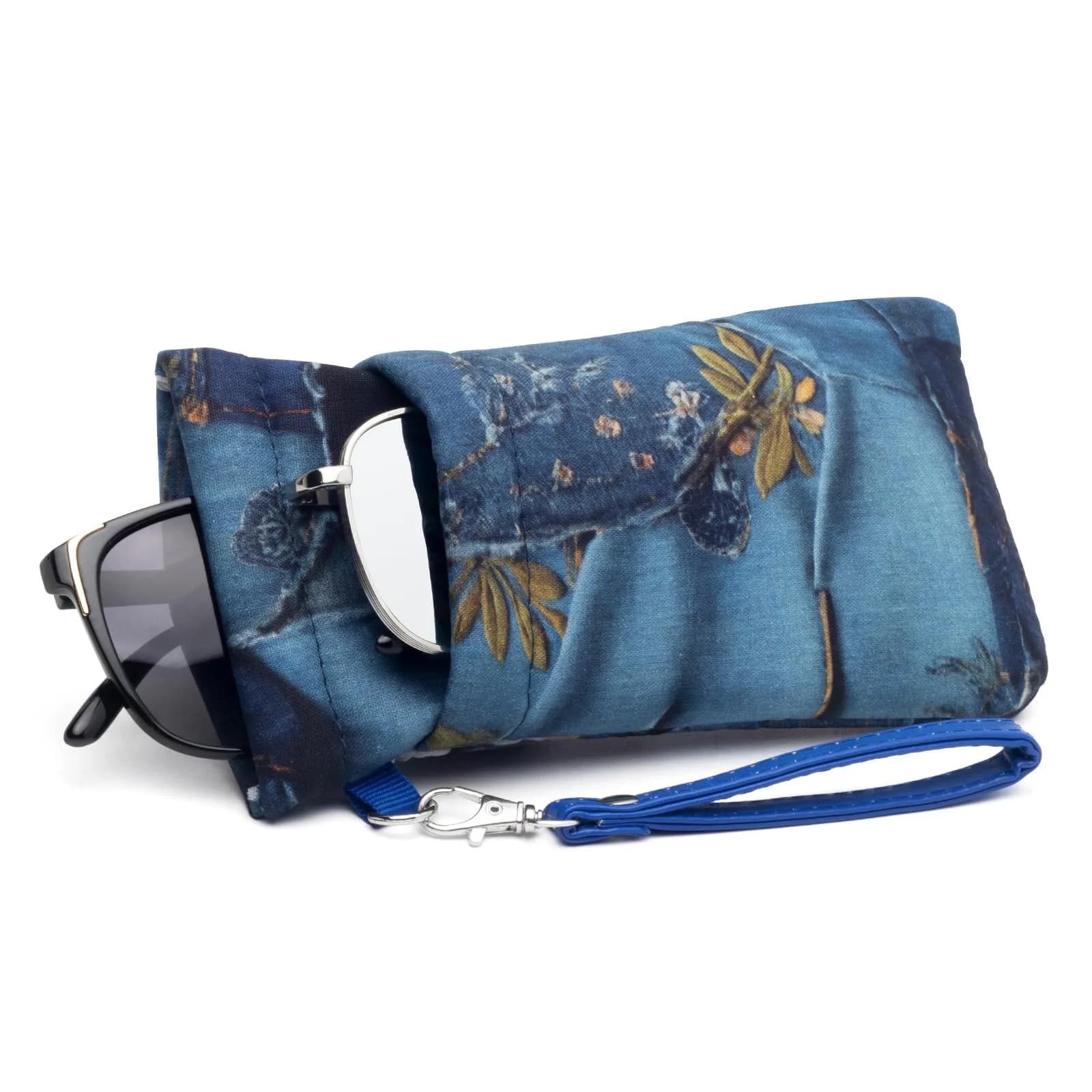 Face Shadow Blue Denim Large Double Eyeglass Pouch with Squeeze Top and Microfiber Cloth - main product image