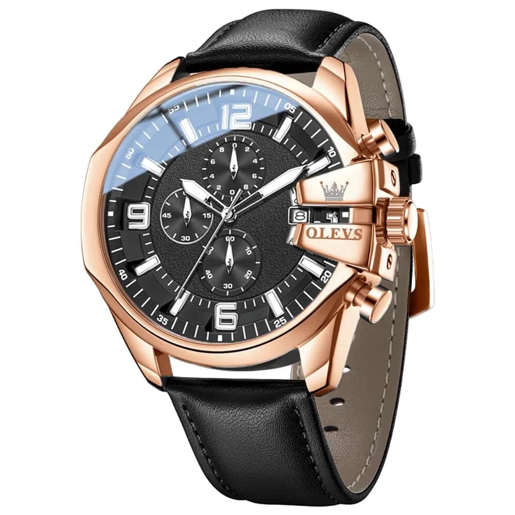 OLEVS Men's Automatic Watch Big Face 50mm (1.97in) Rose Gold Black | Precision Chronograph with Leather Strap — 3251:Rose Gold Black