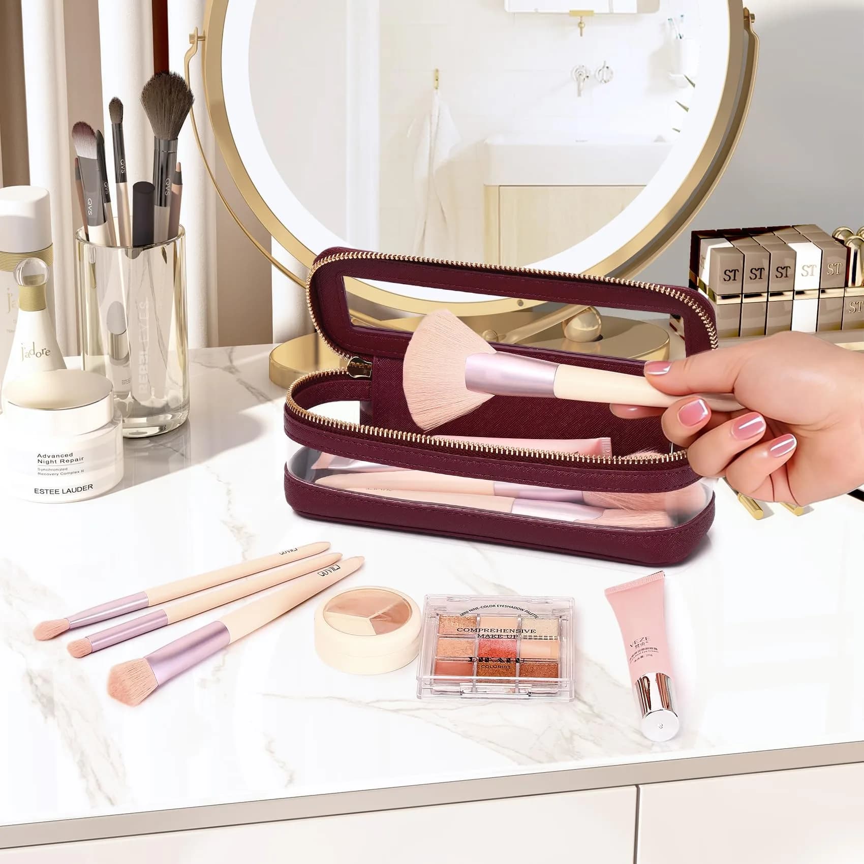 Pinkmik Burgundy Slim-1 Makeup Brush Case | TSA Approved Travel Cosmetic Organizer - view 2