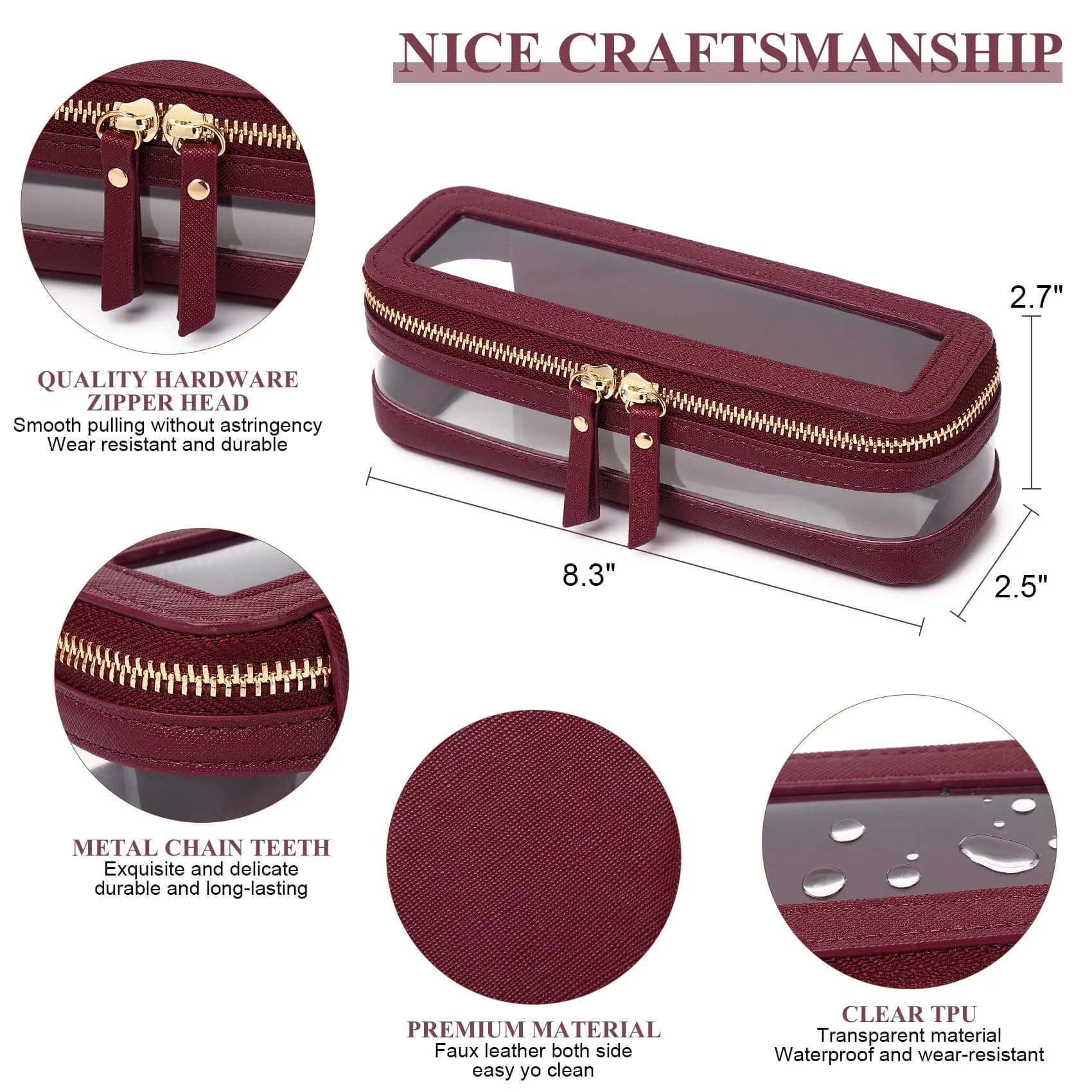 Pinkmik Burgundy Slim-1 Makeup Brush Case | TSA Approved Travel Cosmetic Organizer - view 3