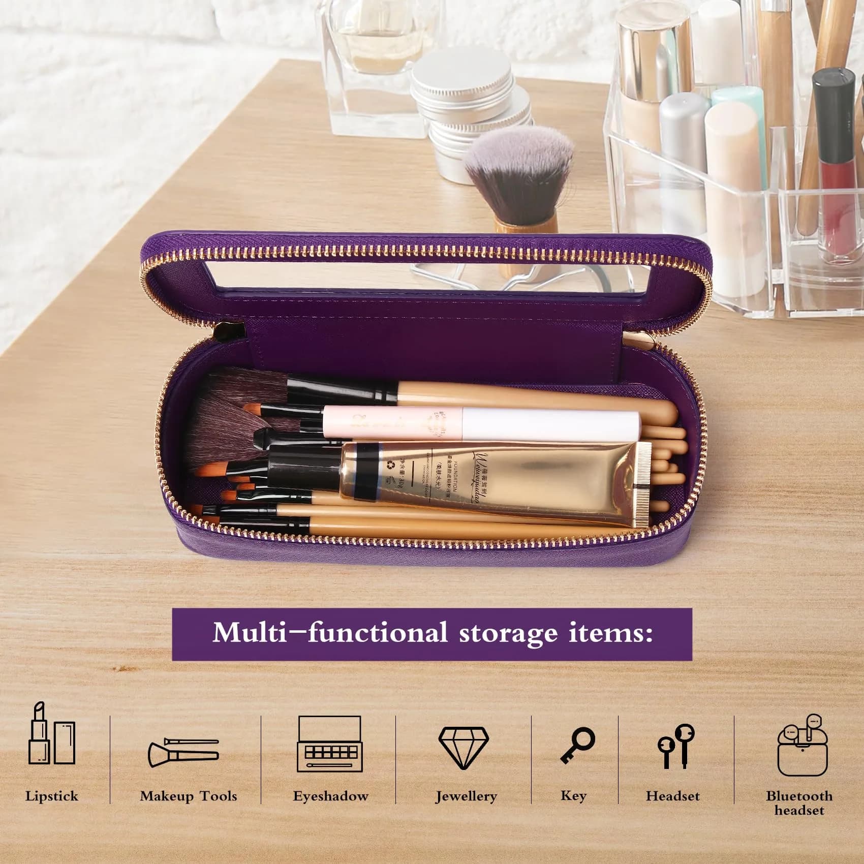Pinkmik Slim Makeup Brush Case Purple with Clear Window | 7.9" x 3" x 2.2" - view 5