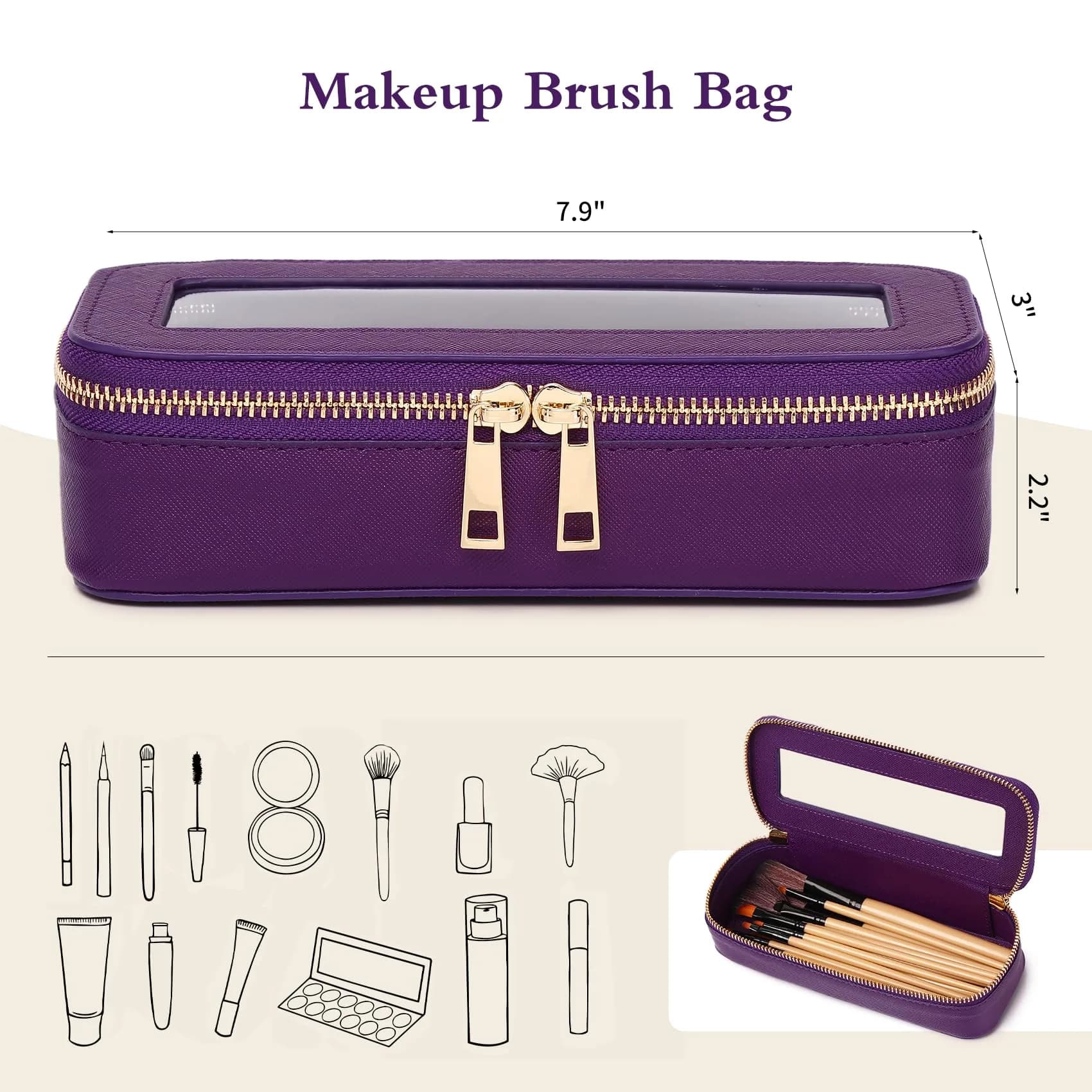 Pinkmik Slim Makeup Brush Case Purple with Clear Window | 7.9" x 3" x 2.2" - view 3