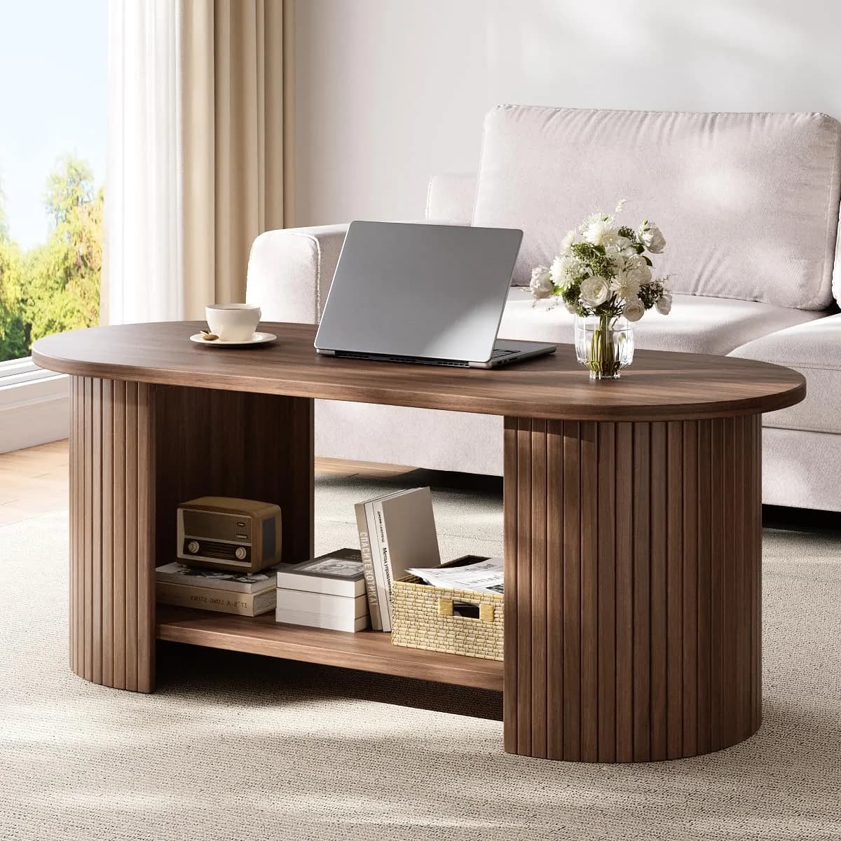 OneBlis 42" Oval Fluted Coffee Table | 2-Tier Storage, Walnut, Modern Design — Walnut
