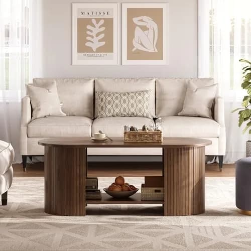 OneBlis 42" Oval Fluted Coffee Table | 2-Tier Storage, Walnut, Modern Design thumbnail 5
