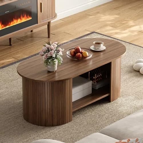 OneBlis 42" Oval Fluted Coffee Table | 2-Tier Storage, Walnut, Modern Design thumbnail 6