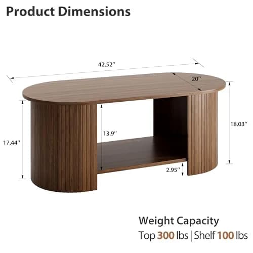 OneBlis 42" Oval Fluted Coffee Table | 2-Tier Storage, Walnut, Modern Design thumbnail 2