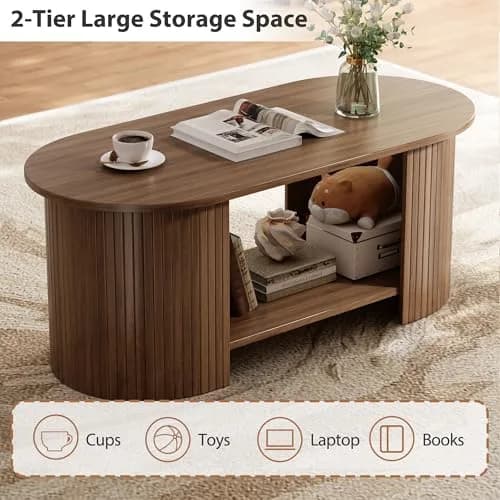 OneBlis 42" Oval Fluted Coffee Table | 2-Tier Storage, Walnut, Modern Design thumbnail 3