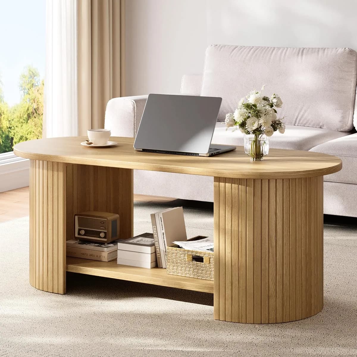 OneBlis 42" Oval Fluted Coffee Table | 2-Tier Storage, Modern Oak Finish — Oak