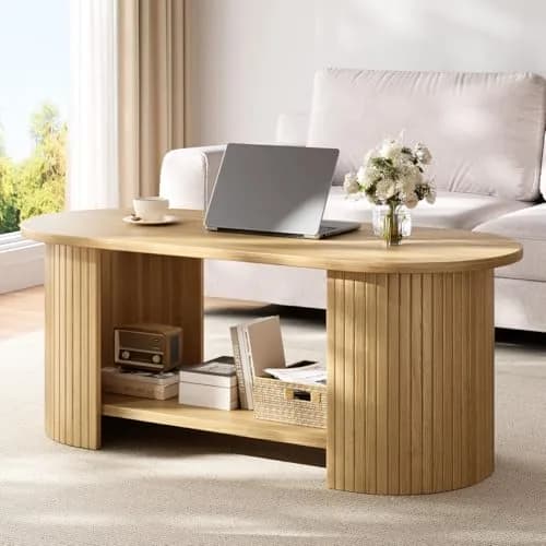 OneBlis 42" Oval Fluted Coffee Table | 2-Tier Storage, Modern Oak Finish thumbnail 1