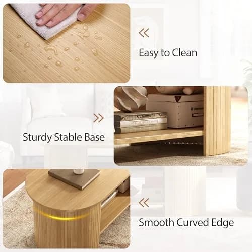 OneBlis 42" Oval Fluted Coffee Table | 2-Tier Storage, Modern Oak Finish thumbnail 4