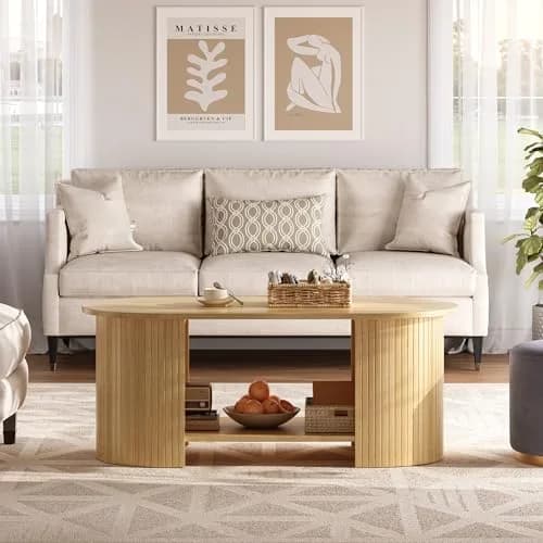 OneBlis 42" Oval Fluted Coffee Table | 2-Tier Storage, Modern Oak Finish thumbnail 5