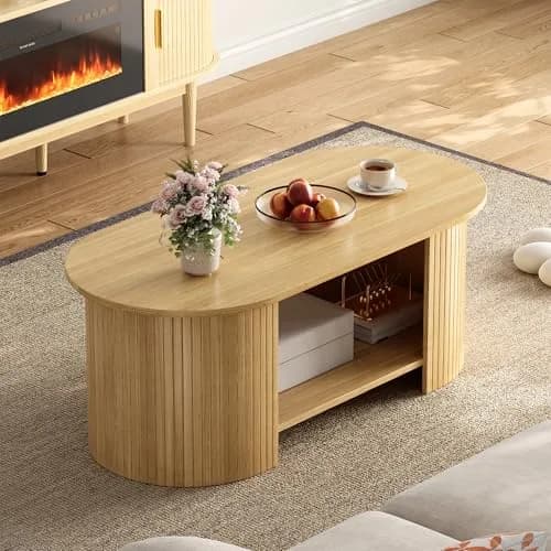 OneBlis 42" Oval Fluted Coffee Table | 2-Tier Storage, Modern Oak Finish thumbnail 6