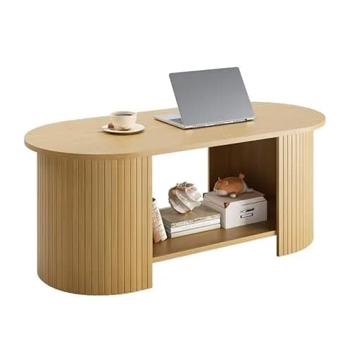 OneBlis 42" Oval Fluted Coffee Table | 2-Tier Storage, Modern Oak Finish thumbnail 7