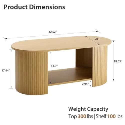 OneBlis 42" Oval Fluted Coffee Table | 2-Tier Storage, Modern Oak Finish thumbnail 2