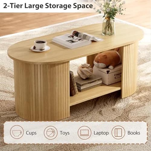 OneBlis 42" Oval Fluted Coffee Table | 2-Tier Storage, Modern Oak Finish thumbnail 3