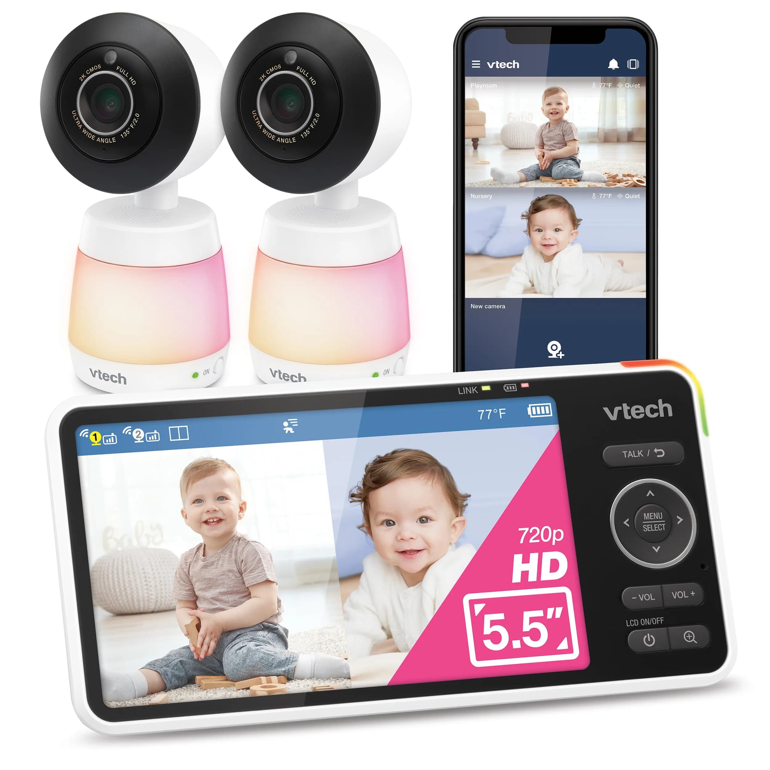VTech Smart WiFi Baby Monitor with 2x 2K Cameras & 5.5" Split-Screen Unit | Dual Room Viewing — 5.5" WIFI 2 Cameras