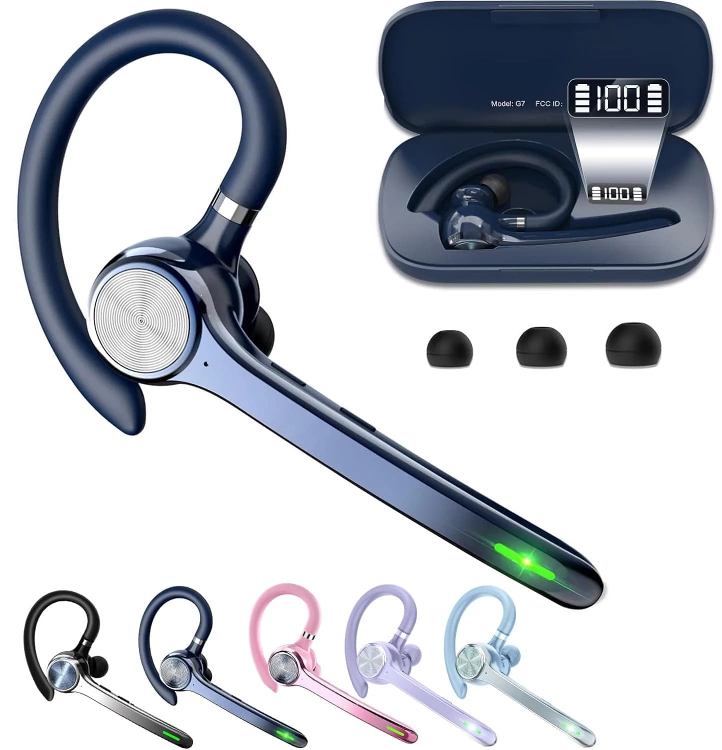 HEIBAS Bluetooth Headset Wireless Earpiece with Mic 72H Talk Light Blue — Blue