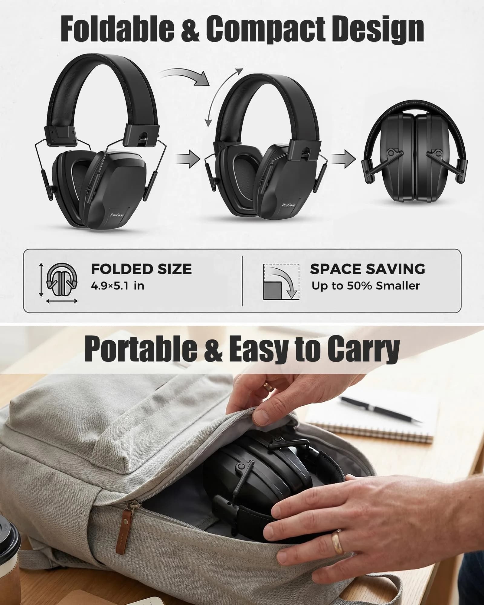 ProCase Noise Cancelling Earmuffs SNR 29dB, Black | Adjustable Soundproof Ear Defenders for Autism Sensory, Work, Shooting, Construction, Mowing - view 3