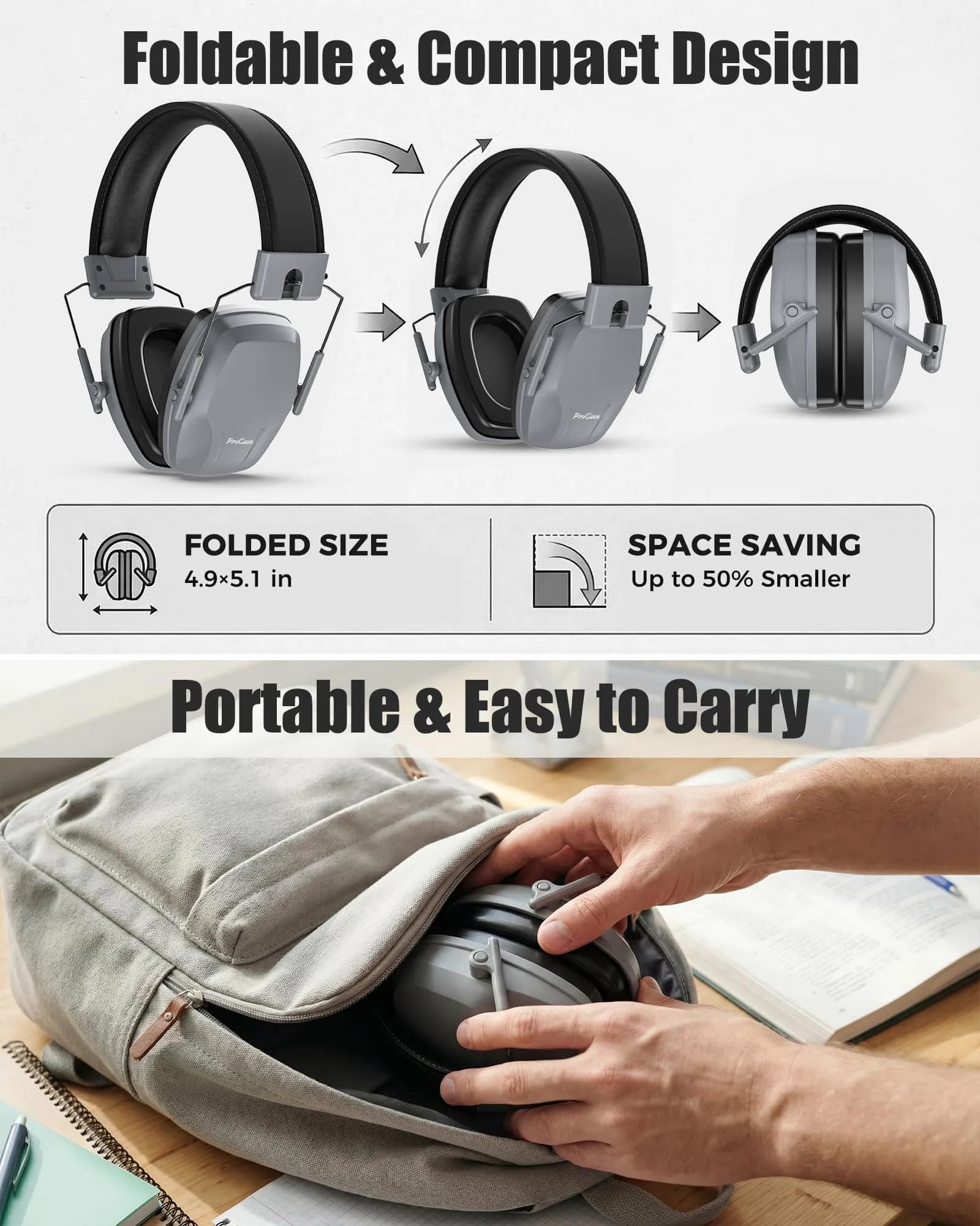 ProCase Noise Reduction Ear Muffs SNR 29dB | Adjustable Soundproof Ear Defenders for Shooting, Construction, Mowing (Grey) - view 3