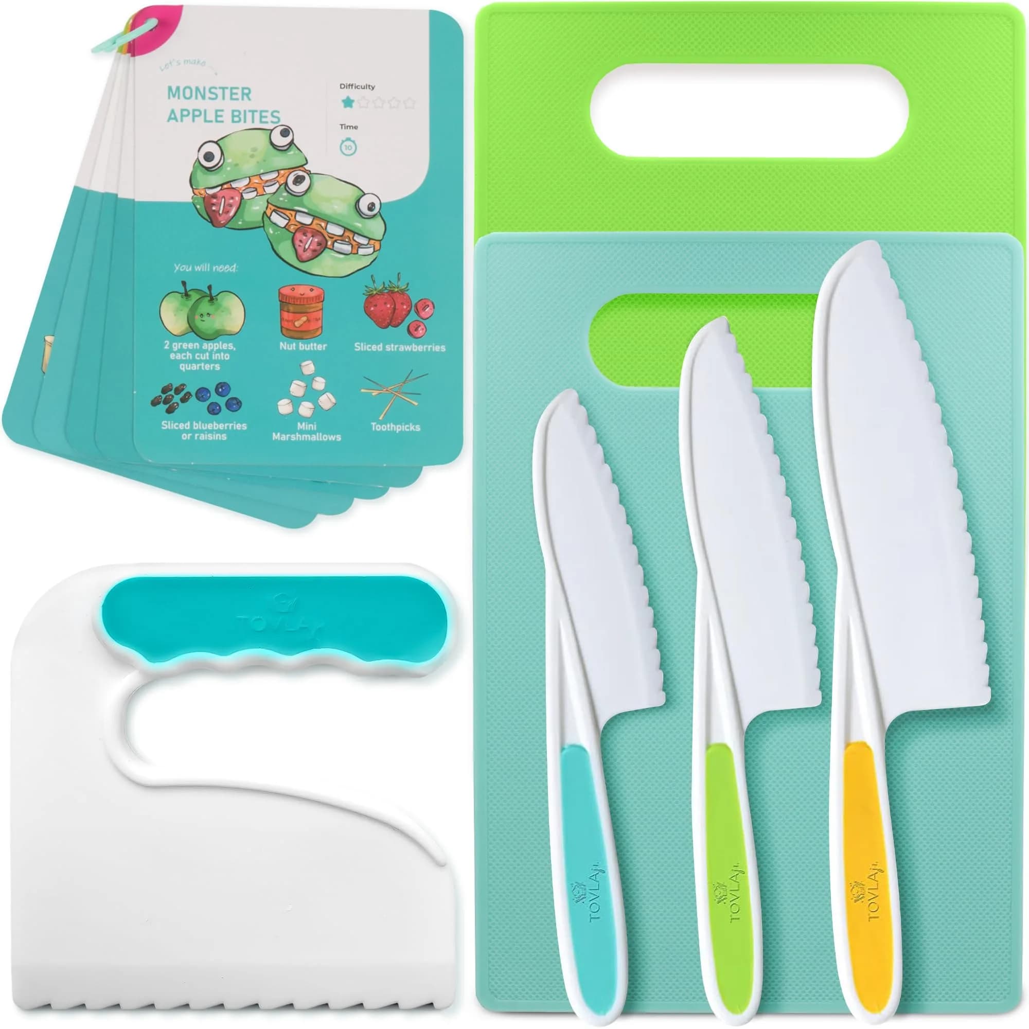 Tovla Jr. Kid Safe Knife Set of 3 | Ages 4-12 | Small, Medium, Large — Multi-Green Knife Set