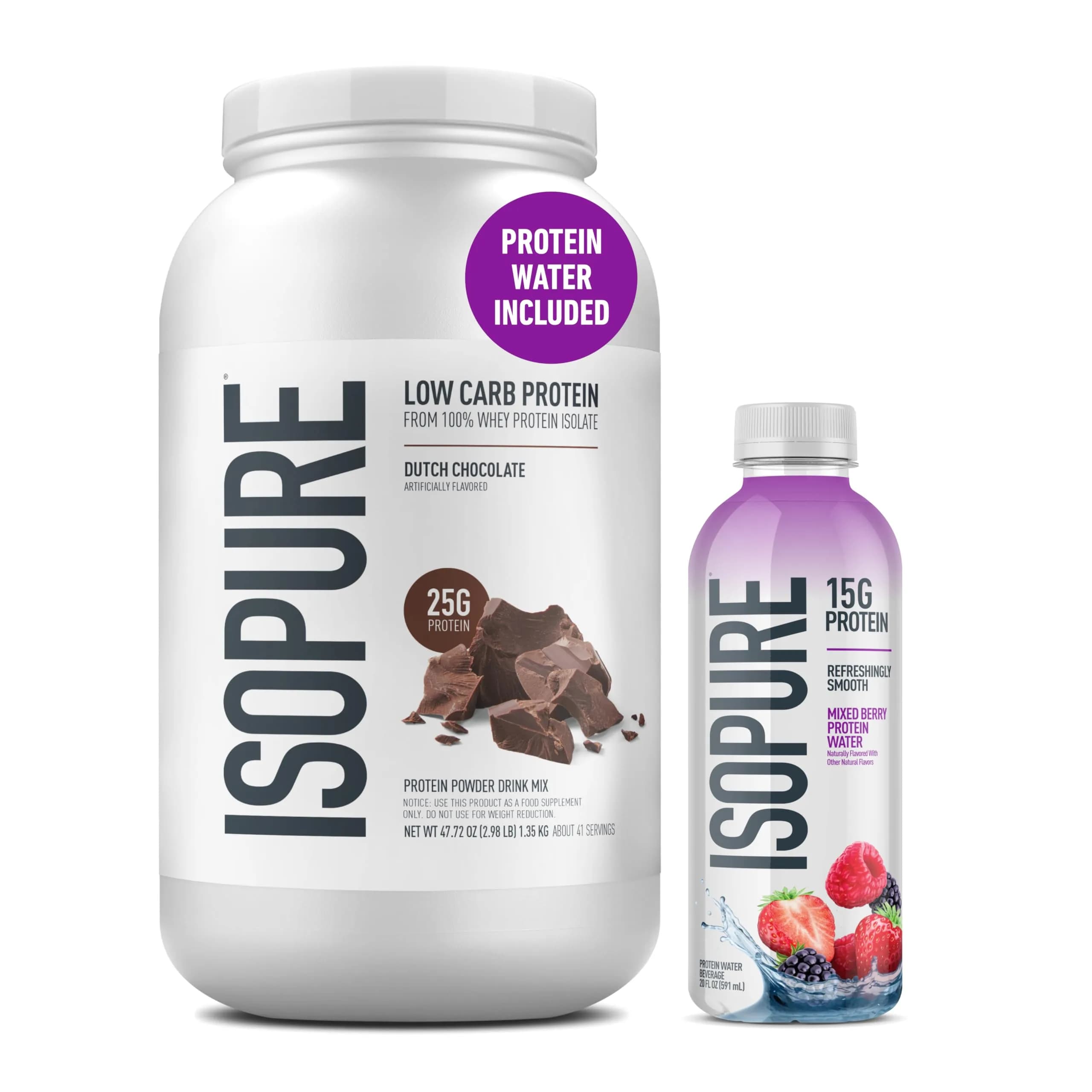 Isopure Low Carb 100% Pure Whey Isolate Dutch Chocolate Protein Powder 3 Lbs + Mixed Berry Clear Protein Water 590ml (20 fl oz) | High Protein Low Carb Supplement - main product image
