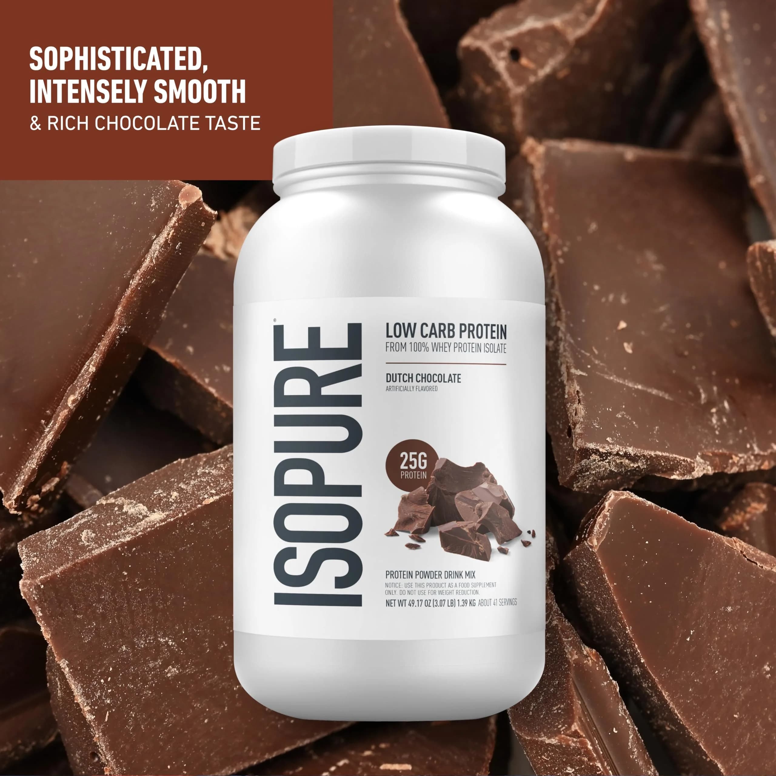 Isopure Low Carb 100% Pure Whey Isolate Dutch Chocolate Protein Powder 3 Lbs + Mixed Berry Clear Protein Water 590ml (20 fl oz) | High Protein Low Carb Supplement - view 2