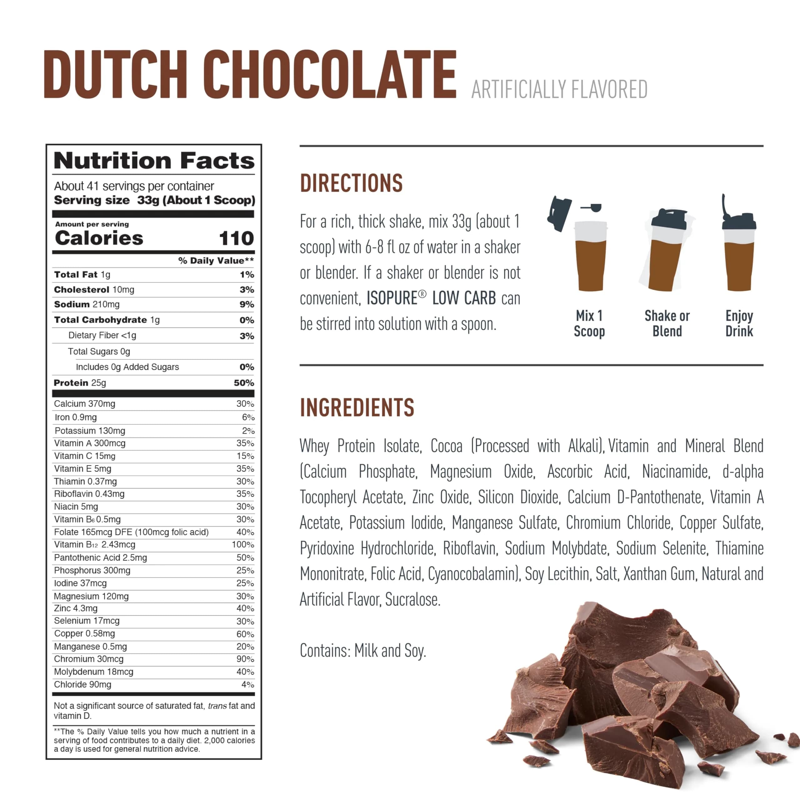 Isopure Low Carb 100% Pure Whey Isolate Dutch Chocolate Protein Powder 3 Lbs + Mixed Berry Clear Protein Water 590ml (20 fl oz) | High Protein Low Carb Supplement - view 3