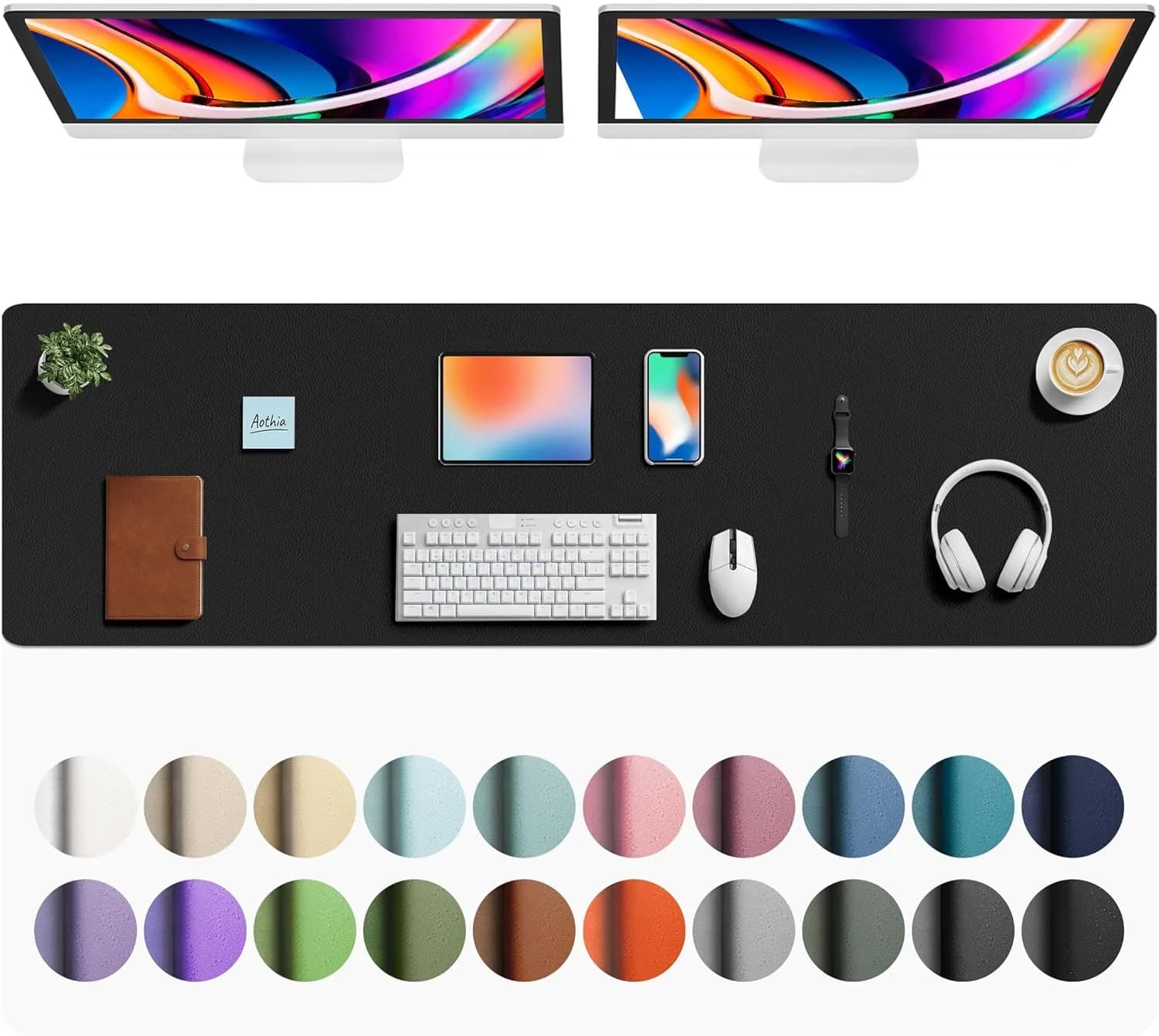 Aothia Black Faux Leather Desk Mat Large Mouse Pad, 63" x 17" | Protects Your Desk with Waterproof PU Leather - main product image