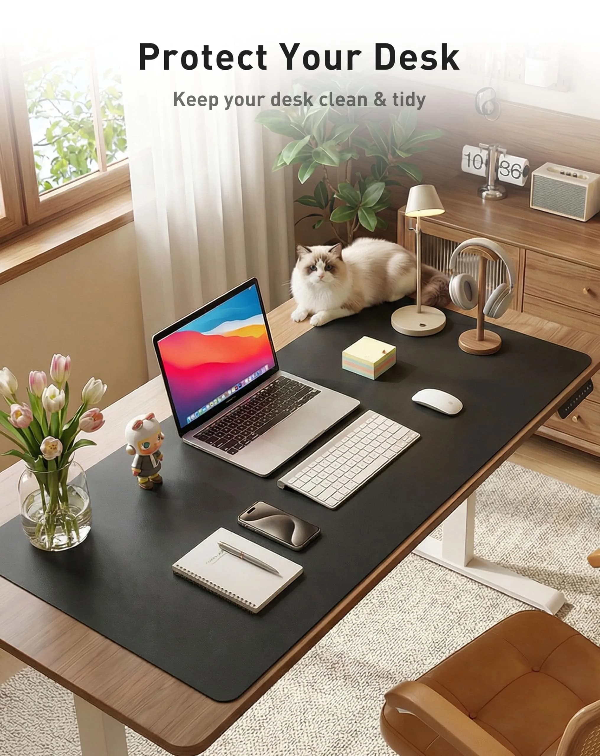Aothia Black Faux Leather Desk Mat Large Mouse Pad, 63" x 17" | Protects Your Desk with Waterproof PU Leather - view 3