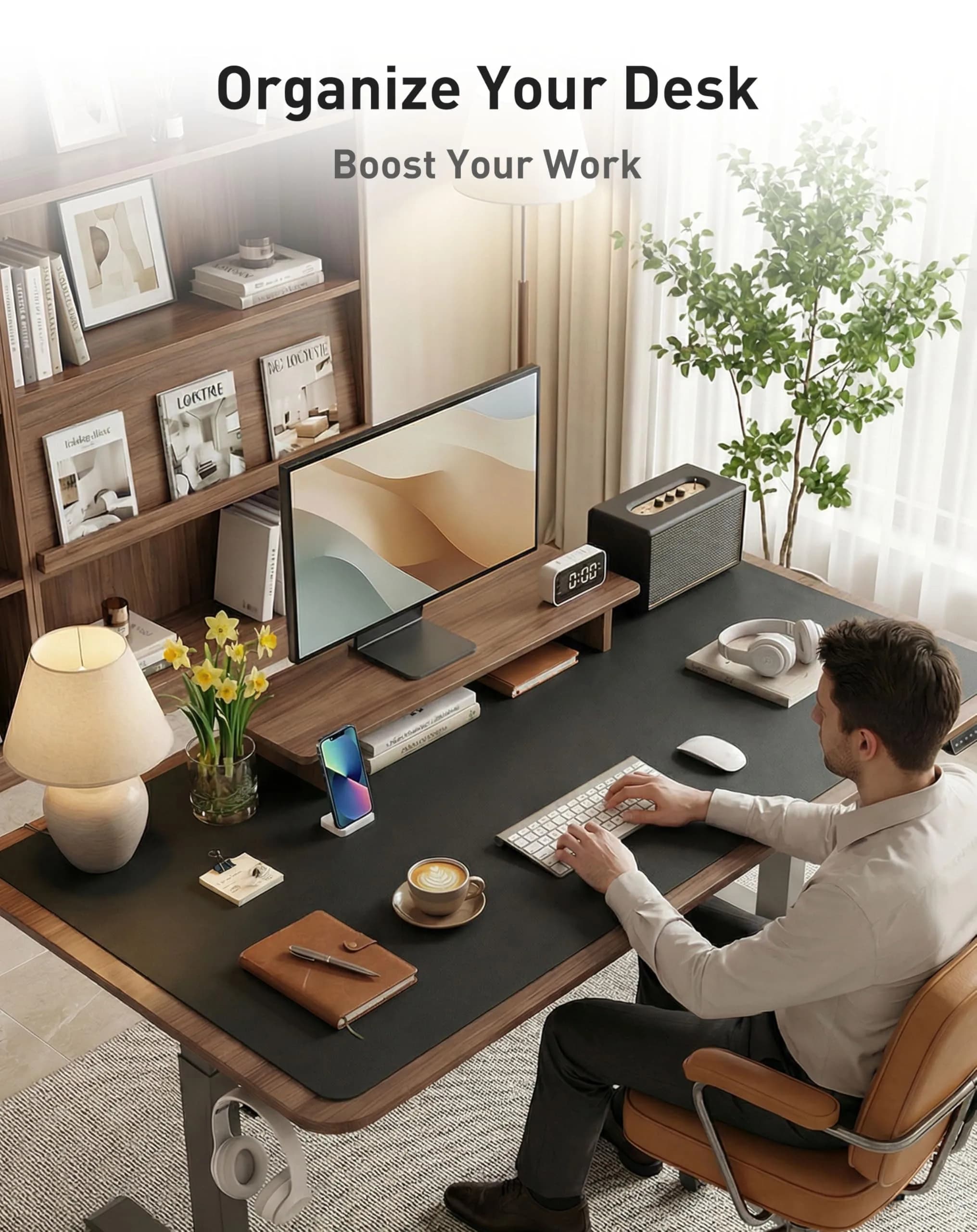 Aothia Black Faux Leather Desk Mat Large Mouse Pad, 63" x 17" | Protects Your Desk with Waterproof PU Leather - view 8