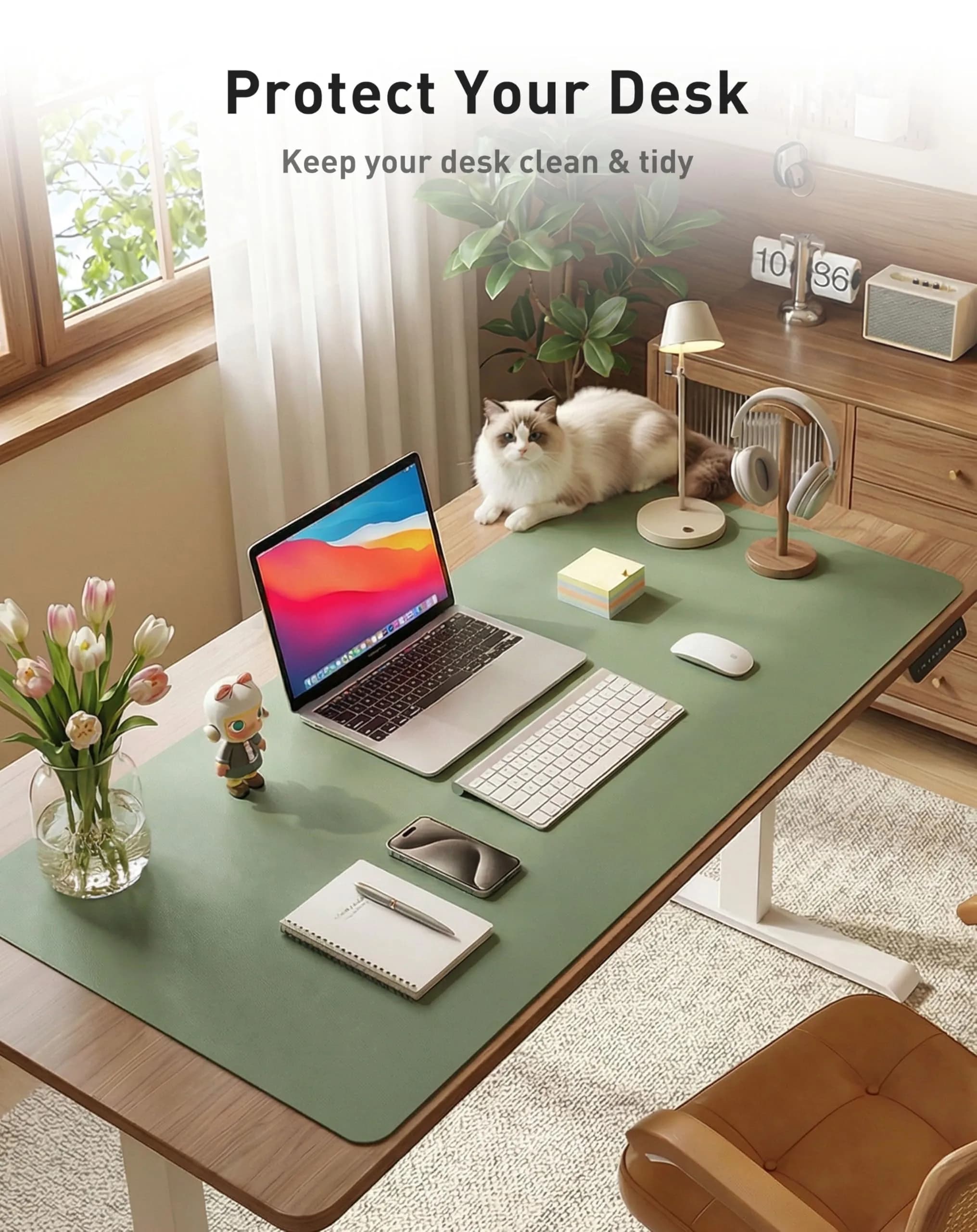 Aothia Olive Green Faux Leather Desk Mat - Large 63" x 24" | Waterproof & Non-Slip Writing Surface - view 8