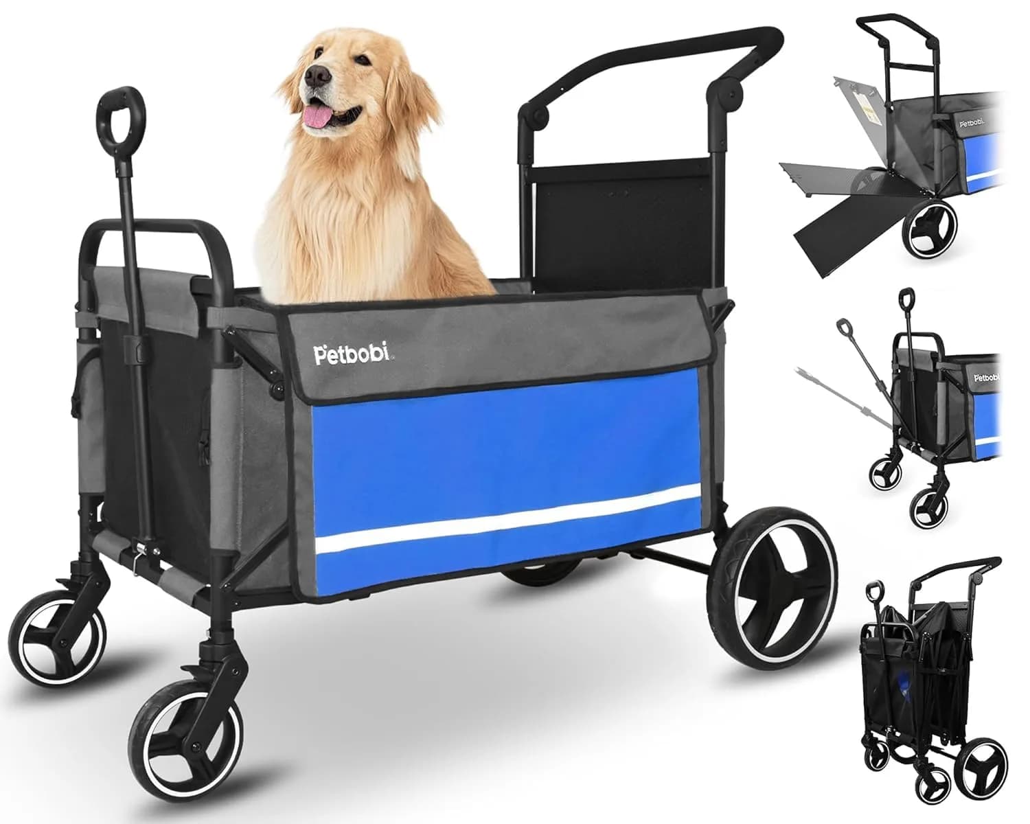 Petbobi Dog Wagon for Large Dogs | Foldable Pet Cart with Ramp & 80 lbs Support — Blue