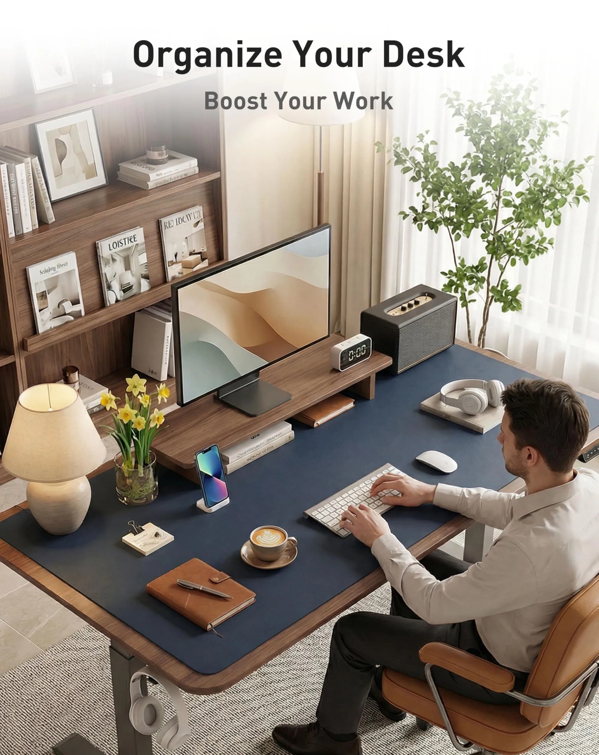 Aothia Faux Leather Desk Mat Dark Blue 63" x 24" | Protects Your Desk from Scratches, Stains, and Heat - view 3
