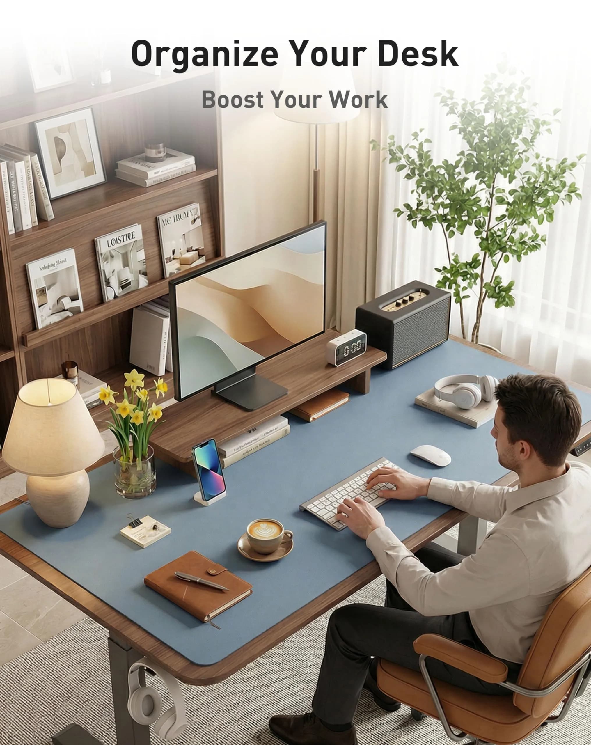 Aothia Faux Leather Desk Mat - Large Mouse Pad, Non-Slip PU Leather Blotter, Waterproof Writing Surface for Office and Home (Denim Blue, 163cm x 43cm) - view 8