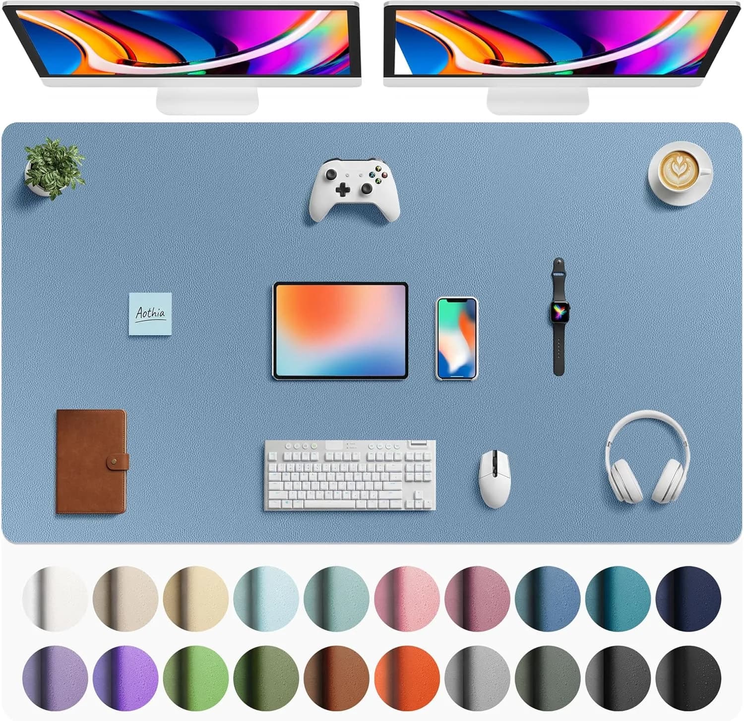 Aothia Large Desk Mat with Mouse Pad, Faux Leather Blotter, Waterproof Writing Surface, Denim Blue (63" x 24") - main product image