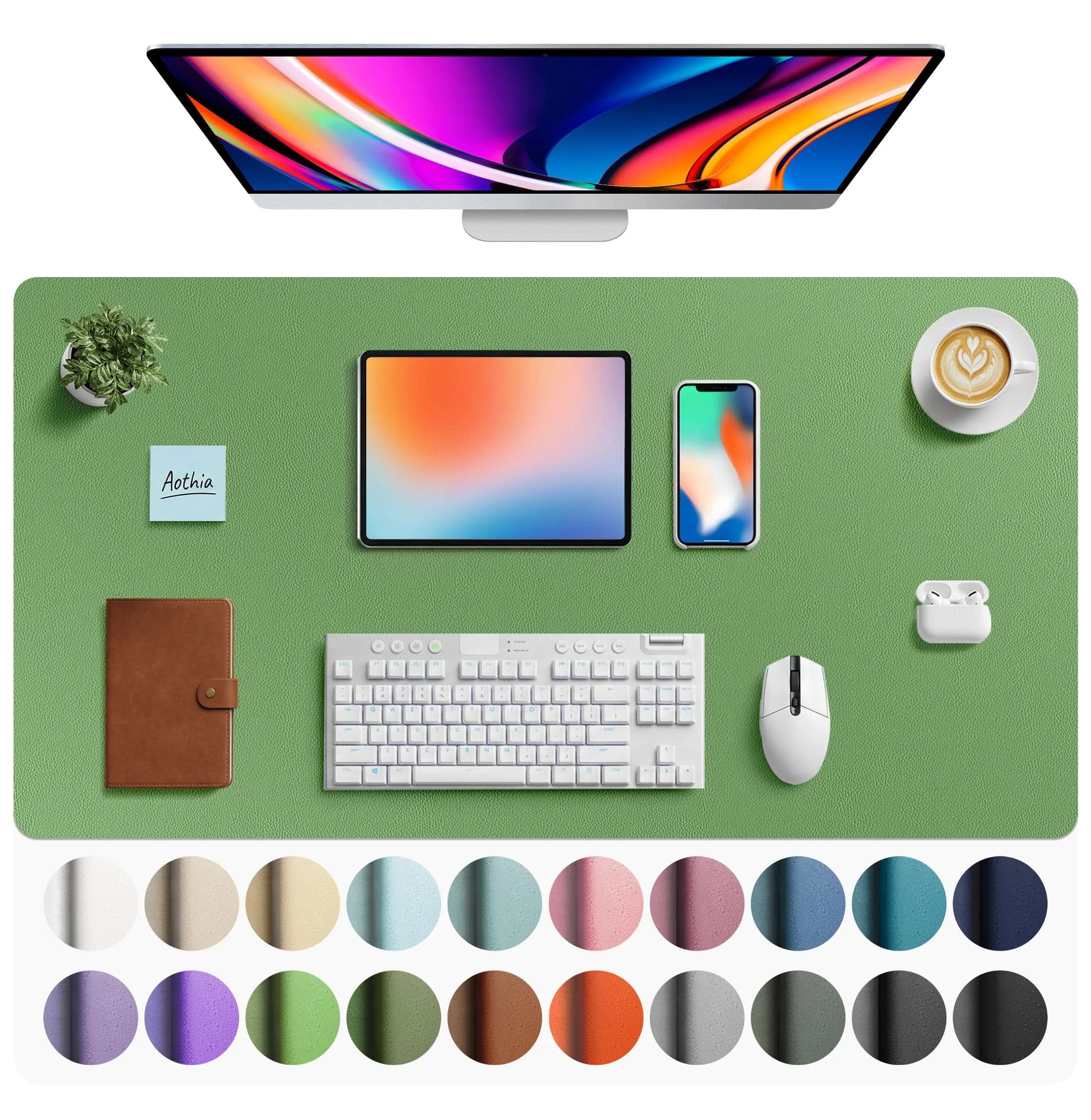 Aothia Faux Leather Desk Mat - Large Mouse Pad, Non-Slip PU Leather Blotter, Waterproof Writing Surface (Olive Green, 101.6cm x 61cm)