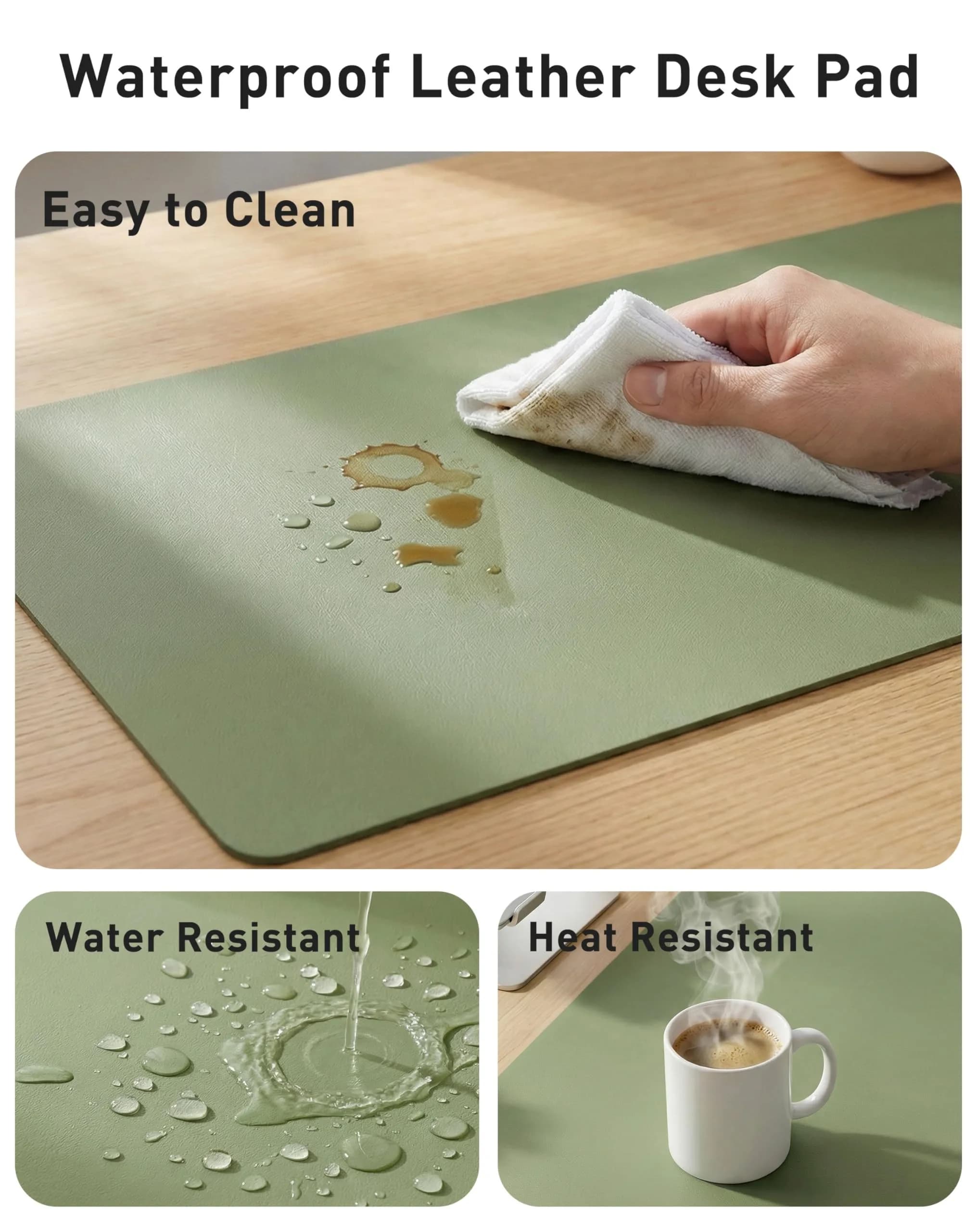 Aothia Faux Leather Desk Mat - Large Mouse Pad, Non-Slip PU Leather Blotter, Waterproof Writing Surface (Olive Green, 101.6cm x 61cm) - view 7