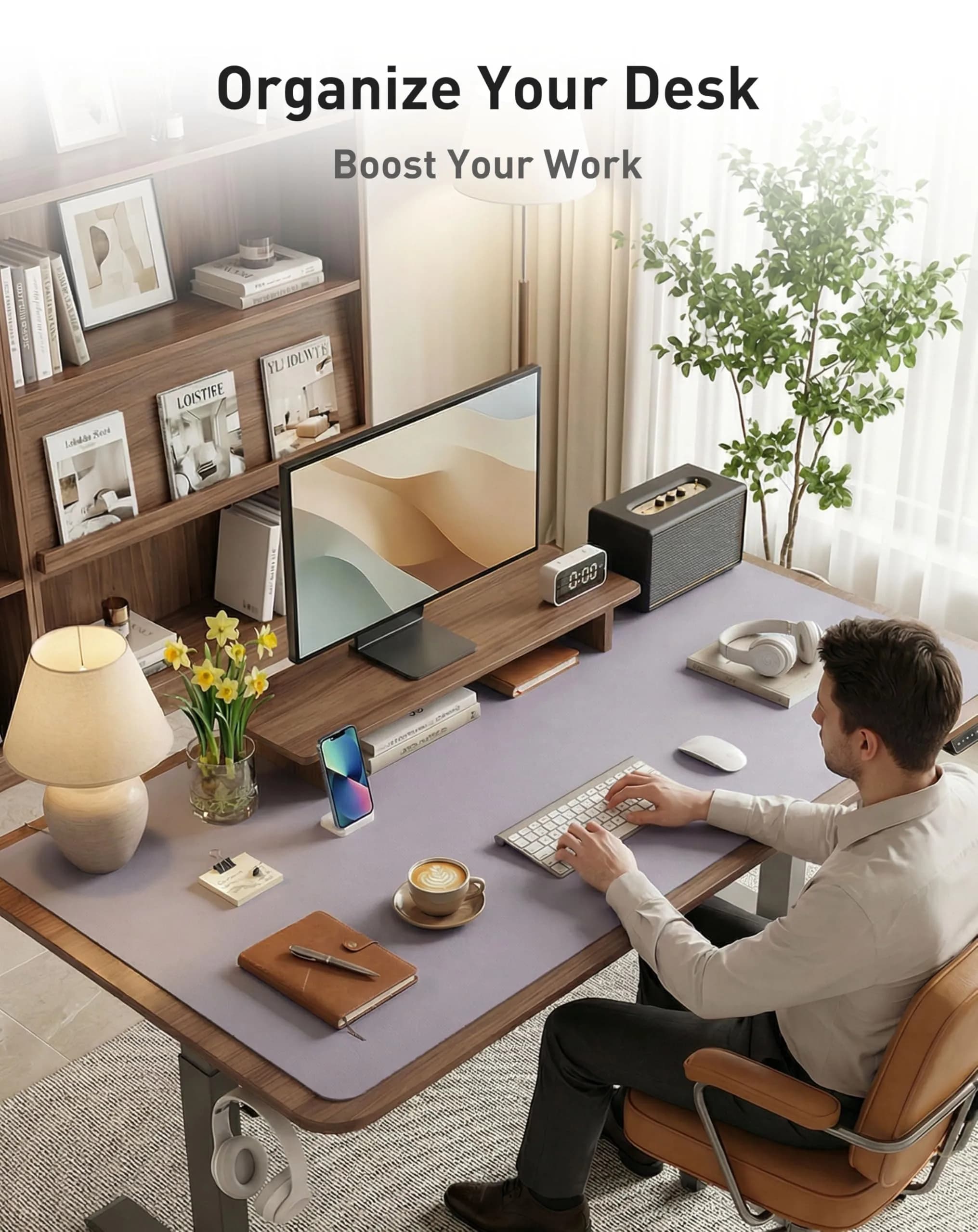 Aothia Faux Leather Desk Mat Large Mouse Pad with Non-Slip PU Leather Blotter, Waterproof Writing Surface for Office and Home (Lavender, 40" x 24") - view 3