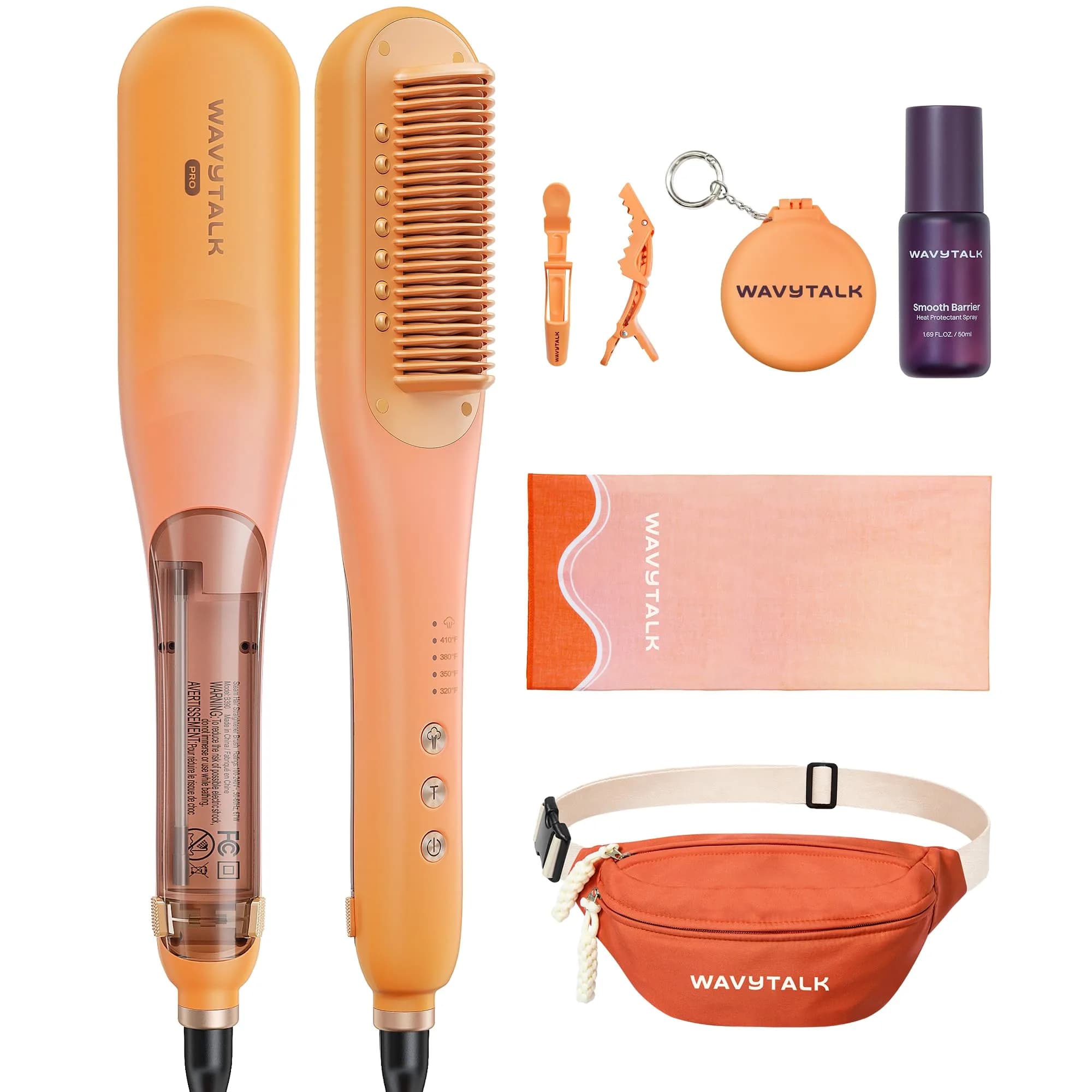 Wavytalk Pro Steam Hair Straightener Brush Pink | 200cm (6.5ft) Cord, 200°C (392°F) Max Temp — Orange