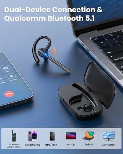 New Bee Bluetooth Headset V5.1 with Dual Mic & 72H Talk Time | 500mAh Charging Case, Qualcomm QCC3020 Chip, 15m Range thumbnail 6