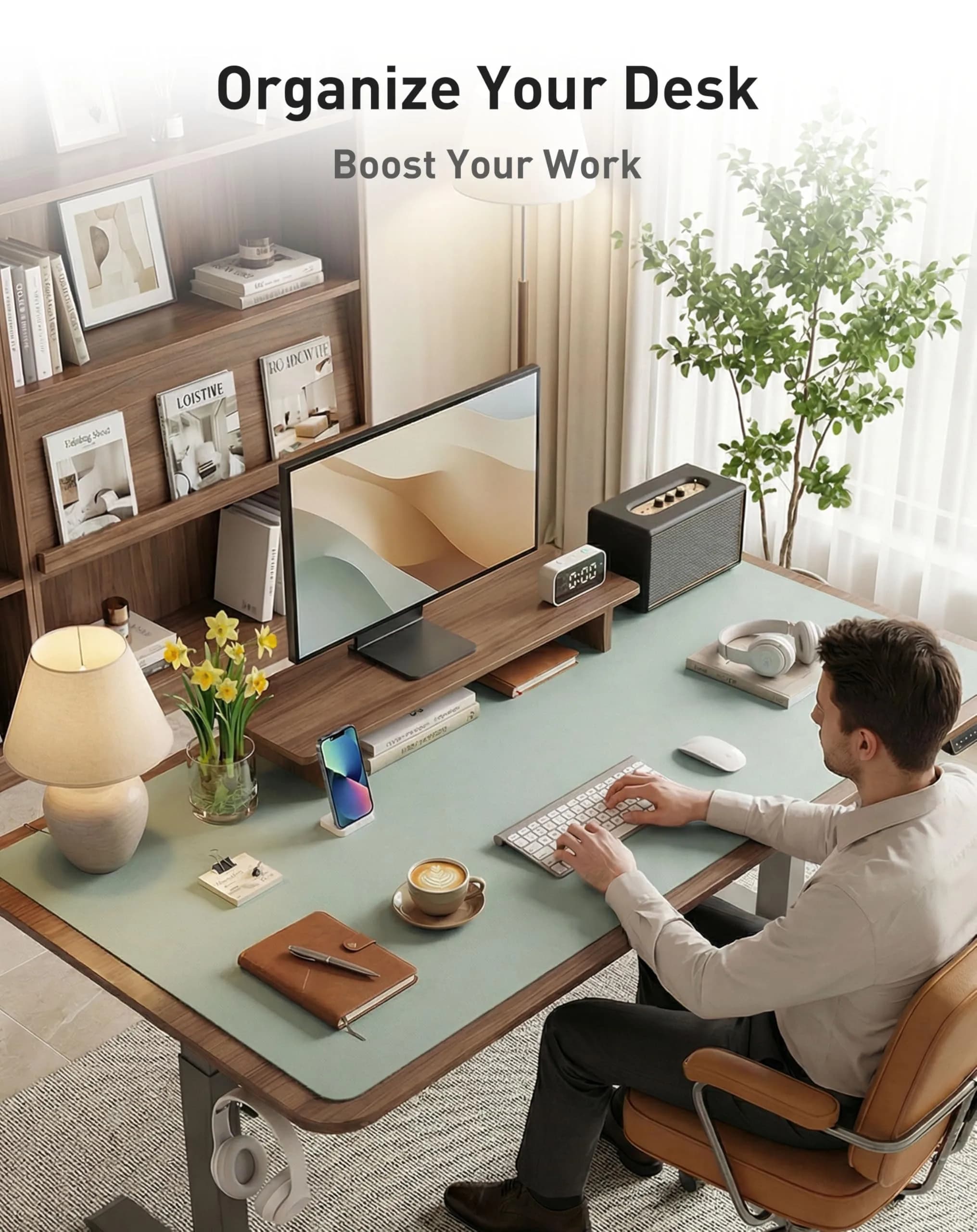 Aothia Faux Leather Desk Mat - Large Mouse Pad, Non-Slip PU Leather Blotter, Waterproof Writing Surface for Office and Home (Light Blue, 40" x 24") thumbnail 3