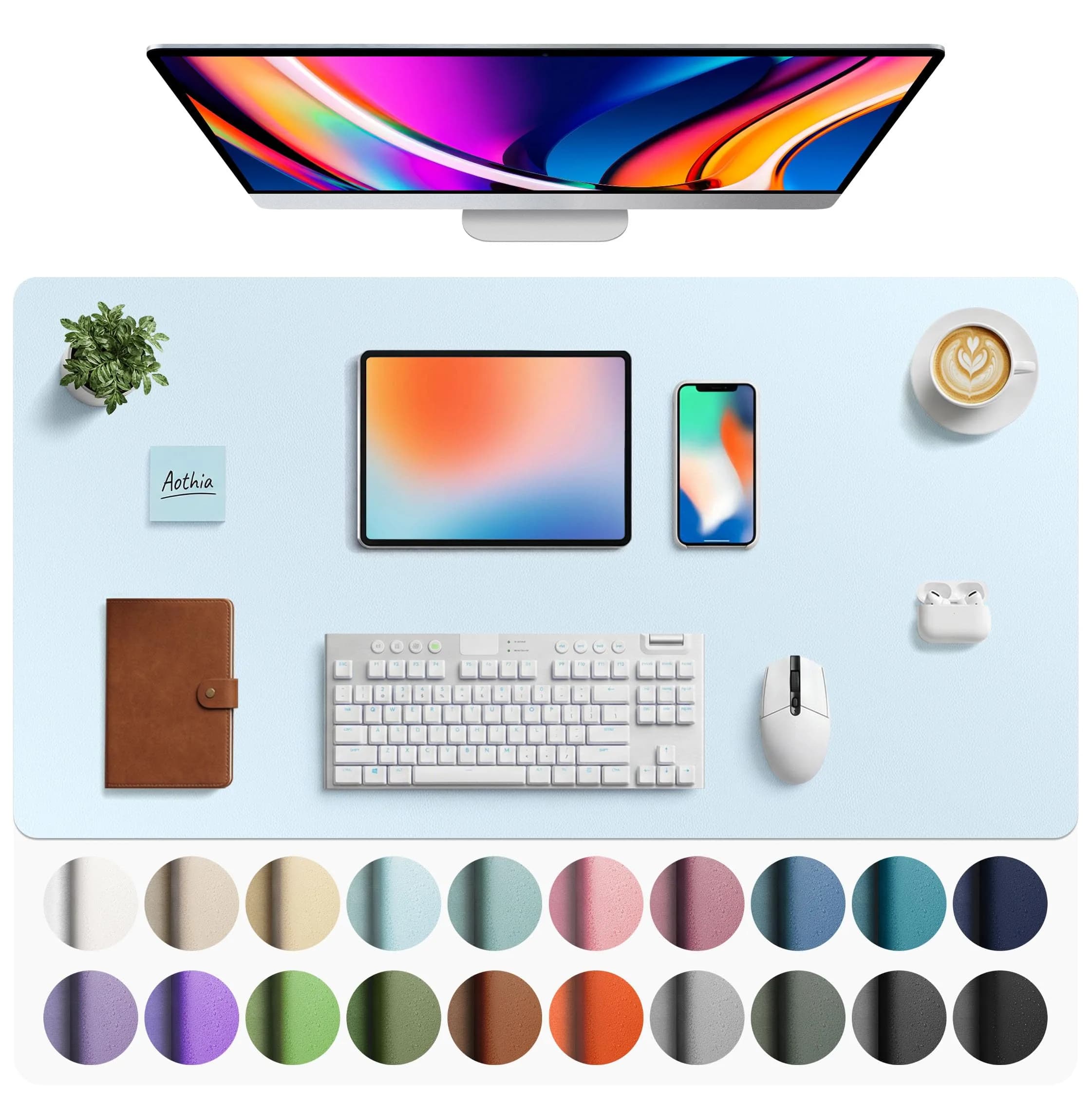 Aothia Faux Leather Desk Mat - Large Mouse Pad, Non-Slip PU Leather Blotter, Waterproof Writing Surface for Office and Home (Baby Blue, 101.6cm x 61cm)